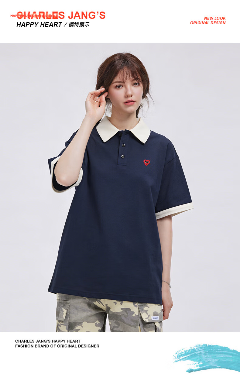 Charles Heart Simple Color-Block Small Heart Couple Casual Cotton Short Sleeve Polo Shirt Unisex Light Heather Gray XL 10