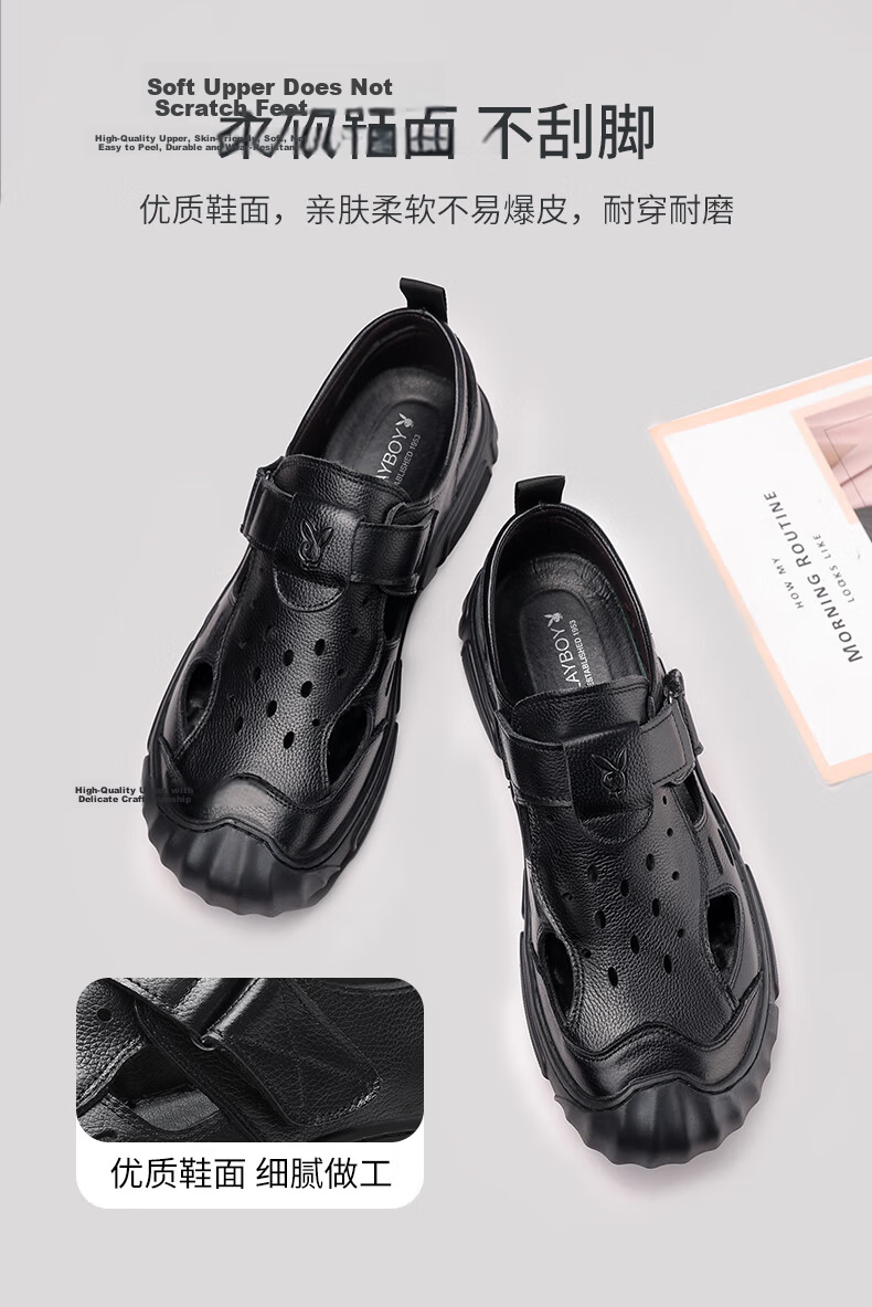 Playboy Men's First Layer Cowhide Hollowed Out Sandals Open Toe Genuine Leather Business Middle-aged and Elderly Dad Sandals Black Size 42 3