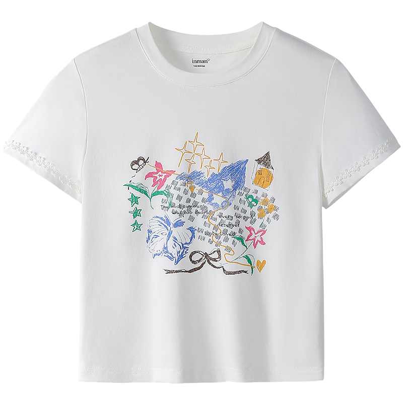 INMAN White Printed Shoulder Short Sleeve T-Shirt 26 Summer Women's New Round Neck Lace Slim Top Pearl White XL