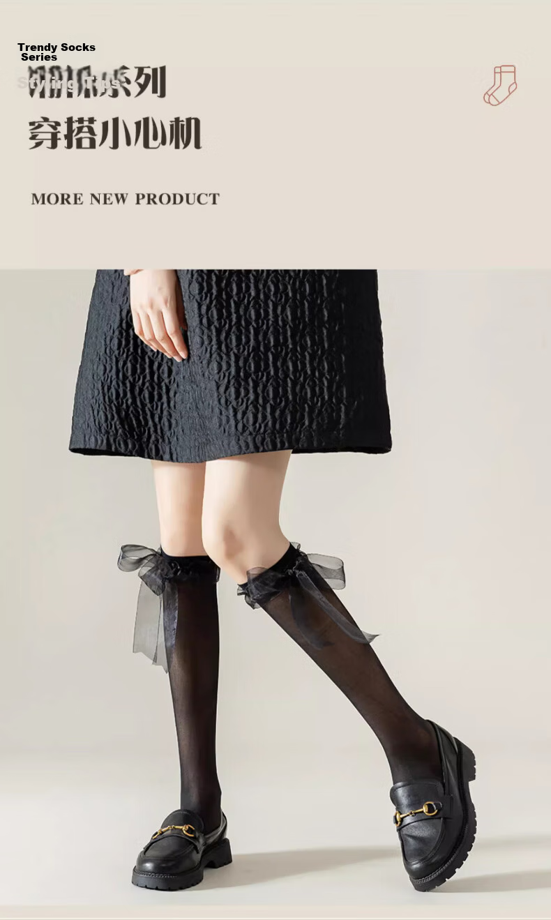Langsha Women's Ultra-Thin Lace Bow Tie Black Lace Mid-Calf Socks Japanese JK Style Sexy Girl Leg Socks Spring Summer 14