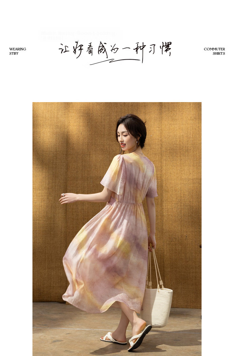 Demana Breathable Tencel Summer Romantic V-Neck Bowknot Print Flared Sleeve Slim Fit Dress for Women Premium 10