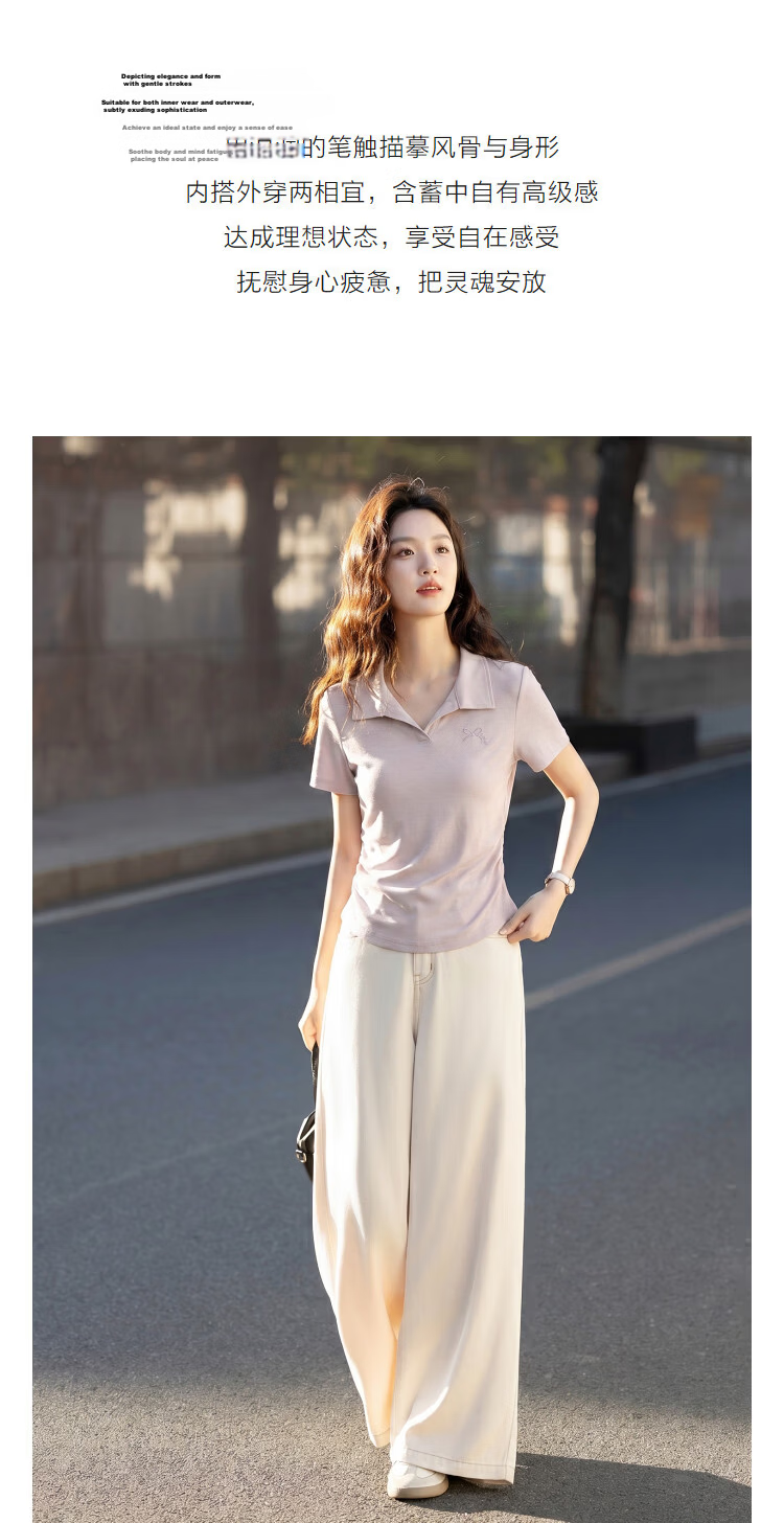 Demana [Comfort Cloud Cotton] Summer Simple Style Lapel Elastic Side Seam Bow Embroidery Slim Fit T-Shirt for Petite Women 5