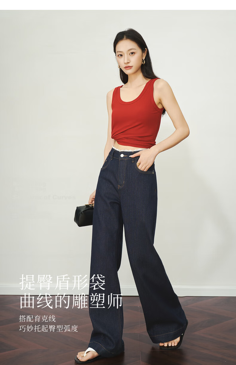 Olrain Women's Blue Slim Straight Wide-Leg High-Waist Draped Jeans Summer Prussian Blue L 11