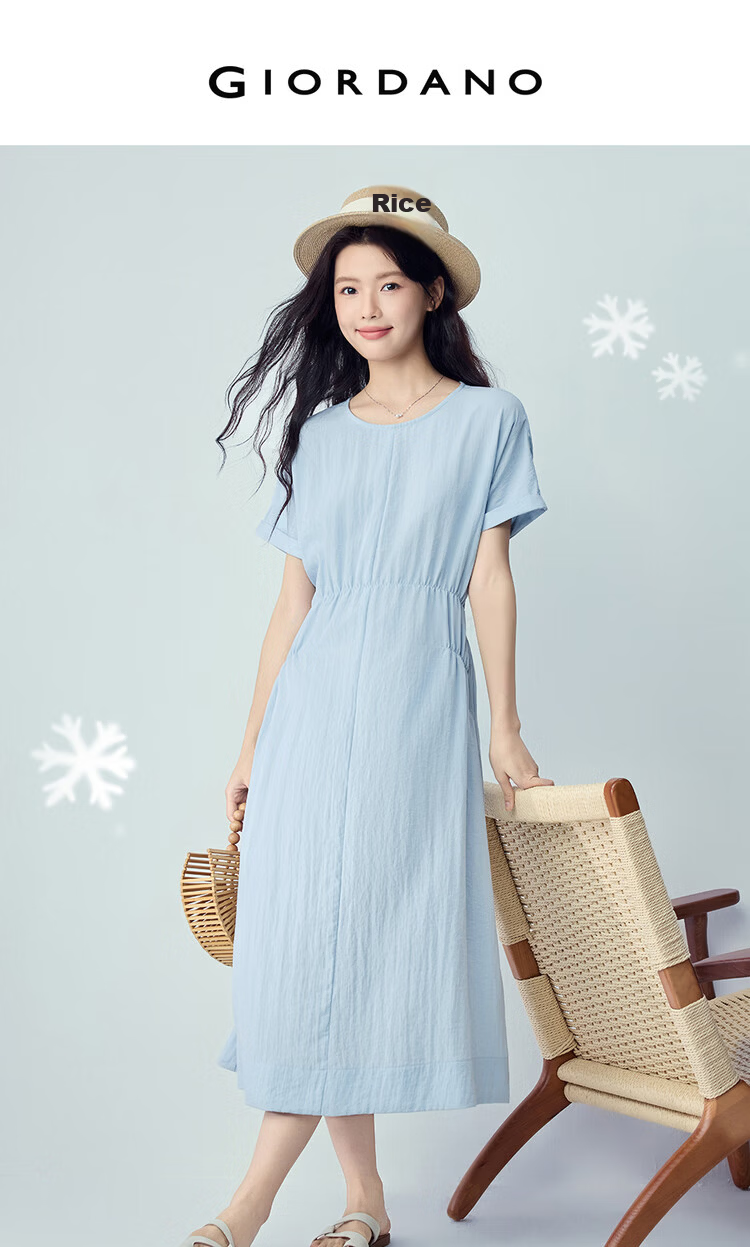 Giordano Women's Short Sleeve Dress 2026 Summer Cooling Tie Waist Round Neck Sleeve Dress 05466307 3