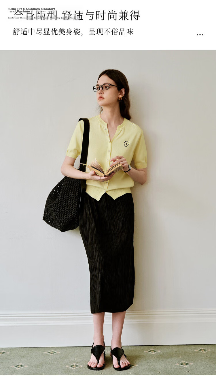 Olrain Heart Embroidered Knit Cardigan Women's Summer V-Neck Short Sleeve Top Yellow XL 6
