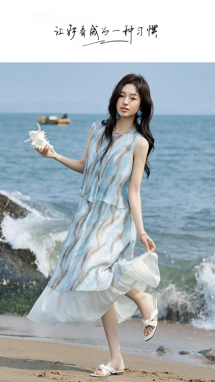 Demana [Smooth Lyocell] Summer Urban Elegant Ink Print Two-Piece Slim Fit Dress for Women Premium Quality 1