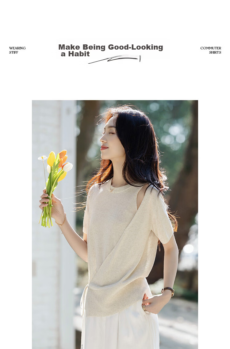 Demana [with Linen Lyocell] Summer Elegant Asymmetric Design Adjustable Tie Slim Knit Top for Women Premium 13