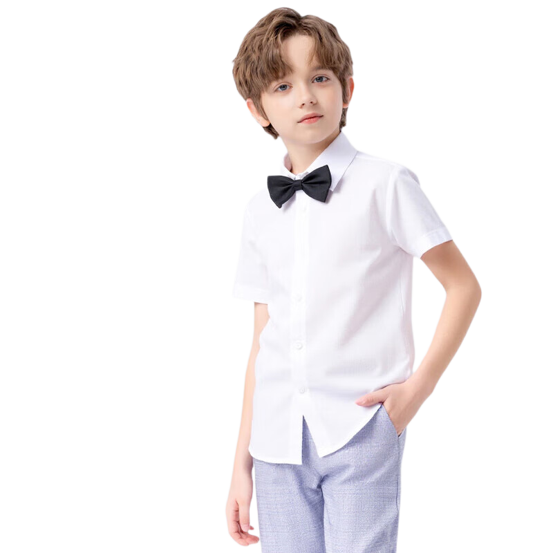 LUOBOBEIBEI Children's Shirt, Boys' Summer Short-Sleeve White Top, Suit Shirt, Piano Performance Wear, White, Size 130