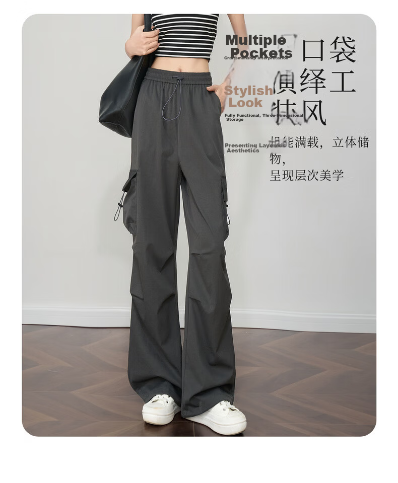 Olrain Women's Gray American Casual Workwear Pants Summer Vintage Sports High-Waist Trousers Gray XL 16