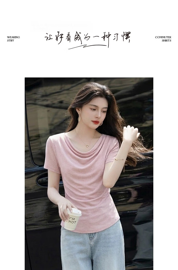 Demana [With Wool and Lyocell] Summer Elegant Draped Collar Soft Stretch Slim Fit Versatile Women's T-Shirt 13