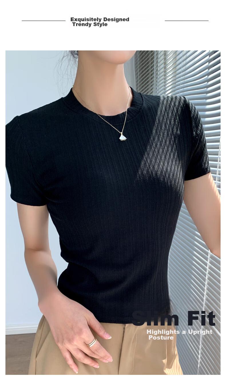 Langsha Knitted Short Sleeve Base Shirt for Women Spring Summer Casual Slim Fit T-Shirt 3