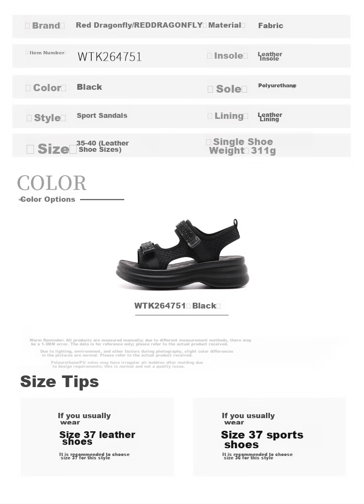 Red Dragonfly Women's Lightweight Height-Increasing Sports Casual Sandals Outdoor Thick Soft Sole Beach Shoes WTK264751 Black Size 38 10