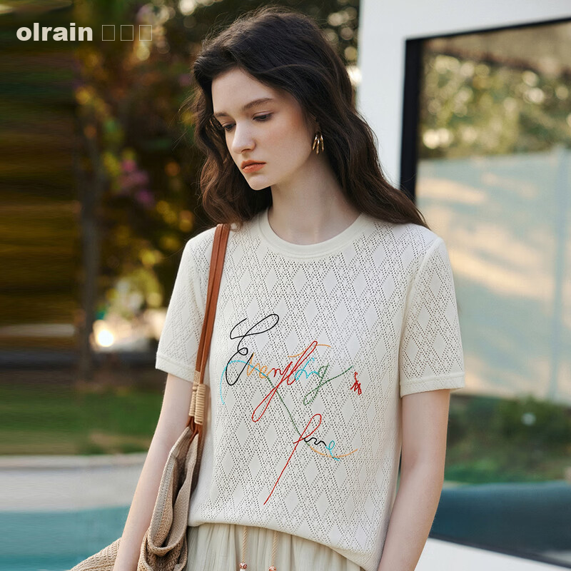 Olrain Summer New Round Neck Textured Hollow Jacquard Embroidered Short Sleeve Knit T-Shirt Women Off-White M