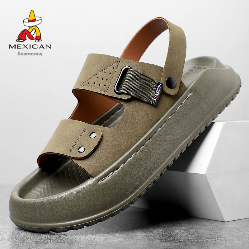 MEXICAN Spring Summer New Men's Sandals Beach Shoes Two-Way Slippers Breathable Dark Green Size 40