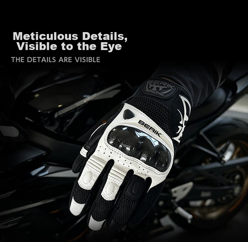 BERIK Big Eye Motorcycle Riding Gloves Summer Breathable Genuine Leather Carbon Fiber Touchscreen Shamo Black White L 7