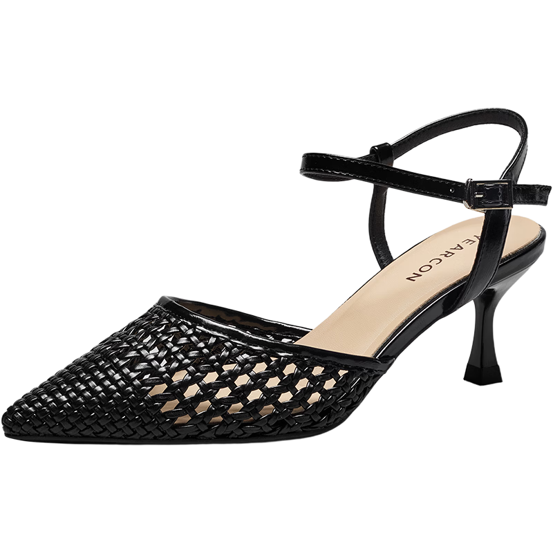 Eierkang Women's Pointed Toe Stiletto Backless Woven Mesh Peep Toe Sandals 29996W Black Size 35