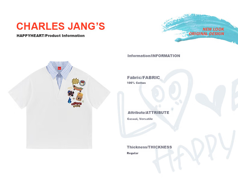 Charles Peach Heart Summer Fake Two-Piece Fun Badge Print Couple Pure Cotton Short Sleeve Polo Shirt Unisex Off-White XS 7