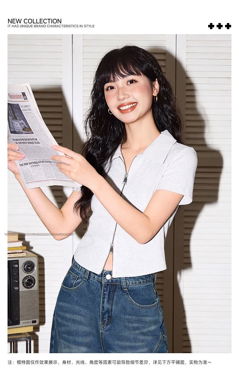 TonLion Women's Short Sleeve Crop Polo T-Shirt with Trendy Double Zipper Design Slim Fit Summer Top 2