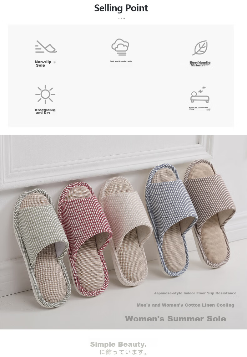 XGGC Japanese Style Linen Slippers for Men Summer Home Cotton Linen Floor Couple Indoor Non-Slip Soft Sole Beige Size 42-43 2
