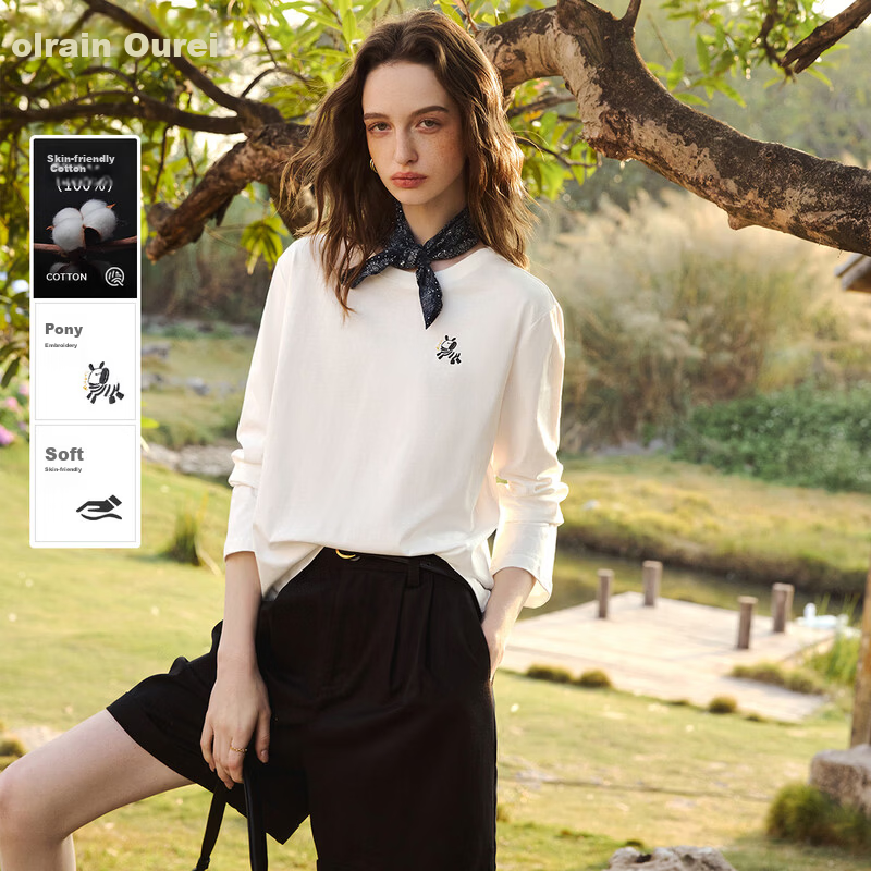 Olrain Simple Color-Block Pony Embroidery Casual Long Sleeve T-Shirt Women Spring Pure Cotton Crew Neck Top Off-White S