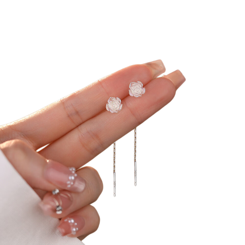 Dijing Iridescent Rose Earrings for Women, Silver Studs with Elegant Long Tassel Earrings, Birthday Gift for Girlfriend