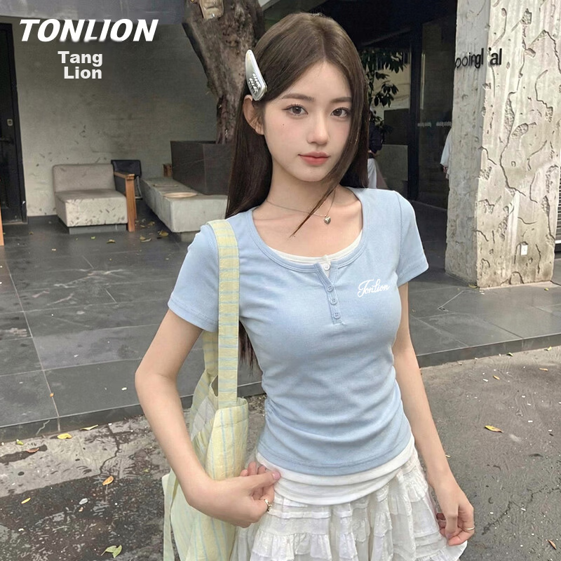TonLion Women's Summer 2026 New Slim Fit Shoulder Patch Two-Piece Style Short Sleeve T-Shirt Top