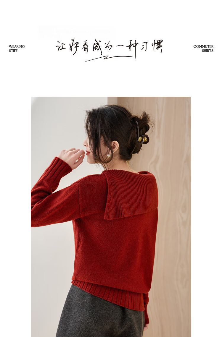 Demana Red Rose Nocturne Winter Vintage Elegant Asymmetric Neckline Slimming Knit Sweater for Women 10
