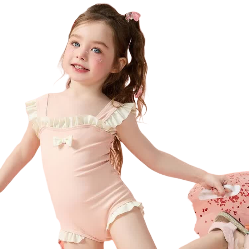 ASK JUNIOR Children's Swimsuit with Swim Cap, Summer One-Piece Spaghetti Strap Swimsuit, High-Elastic Ruffle Edge Beach Training Suit for Kids