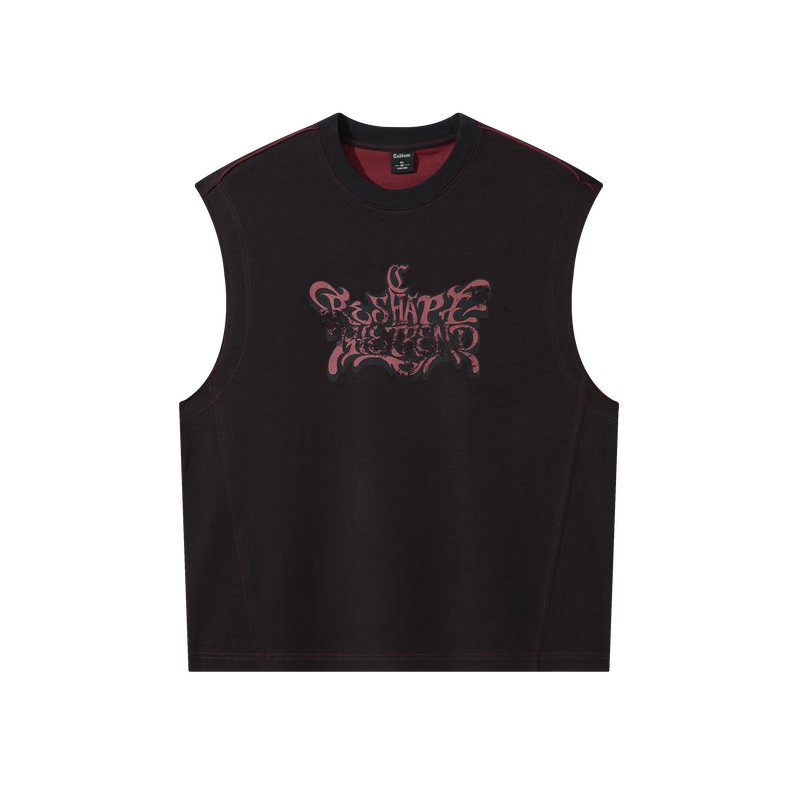 CABBEEN 100% Cotton Two-Tone Vest Men Wine Red Contrast Pioneer Graffiti Print Casual Summer 2026 Vest