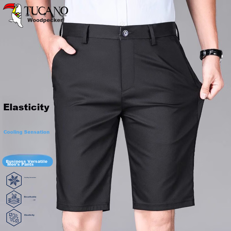 TUCANO Men's Summer Business Casual Solid Color Dress Shorts Commuter Five-Point Pants Black 30