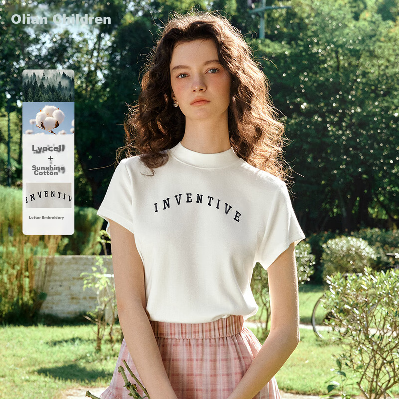 Olrain Oureier Stand Collar Letter Embroidered Short Sleeve T-Shirt Women Summer Casual Slim Fit Top White M