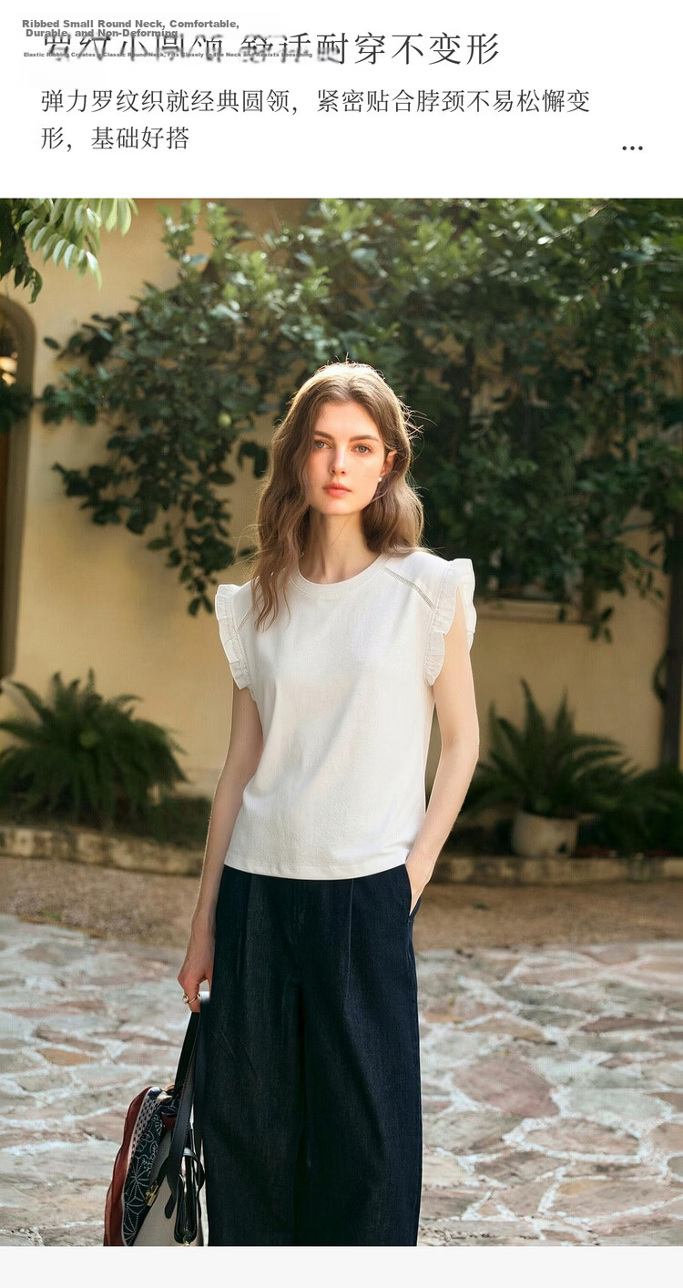 Olrain French Style Ruffled Sleeve Summer Casual Commuter Pullover T-Shirt for Women White L 5