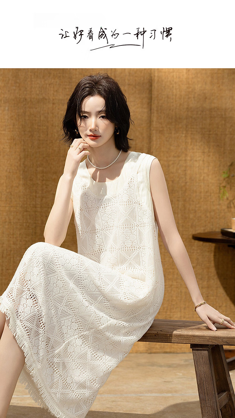 Demana [Lyocell Cloud Cotton] Summer Elegant Urban Lace Crochet Sleeveless Tassel Slim Fit Dress for Women Premium 1
