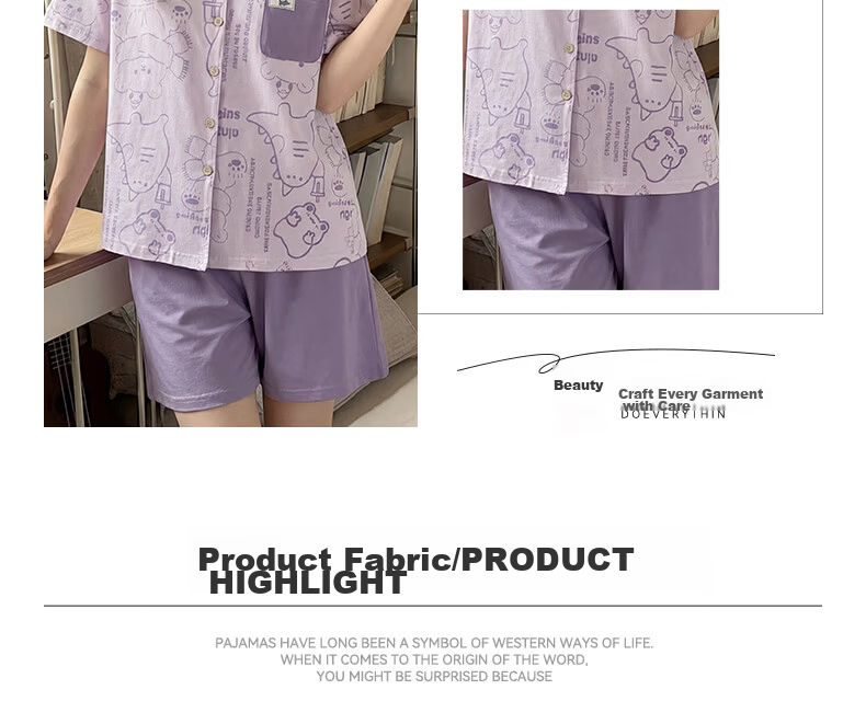 Yiershuang 100% Cotton Women's Summer Thin Short Sleeve Short Pants Pajama Set Cute Cartoon Homewear 4