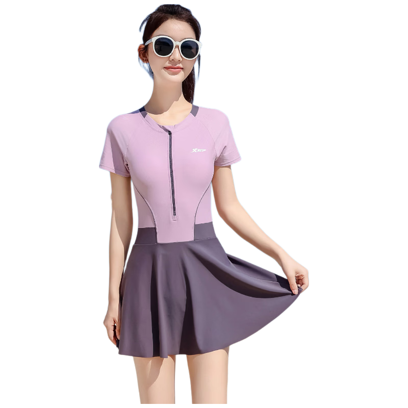 Xtep Women's Conservative Slimming One-Piece Swimsuit with Skirt, Color Block, Fashionable, Comfortable, Professional Training, Sporty, Sun Protection Swimwear