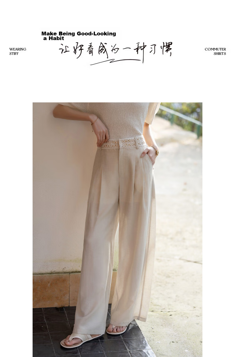 Demana Breathable Linen Vintage High-Waist Lace-Trim Drawstring Petite Women's Wide-Leg Casual Pants Spring 9