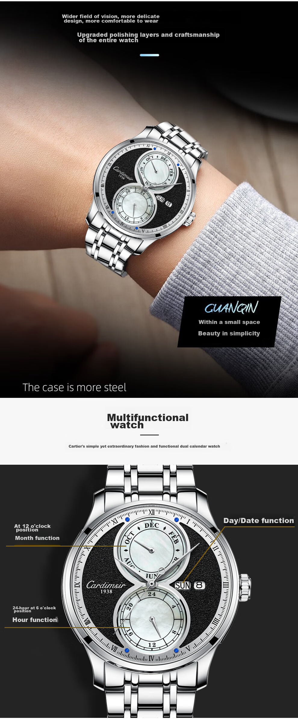 CARDIMSIR Men's Mechanical Watch Fully Automatic Ultra-thin Dual Calendar Waterproof Luminous Steel Band Top Ten Famous Watches Gift for Husband 2