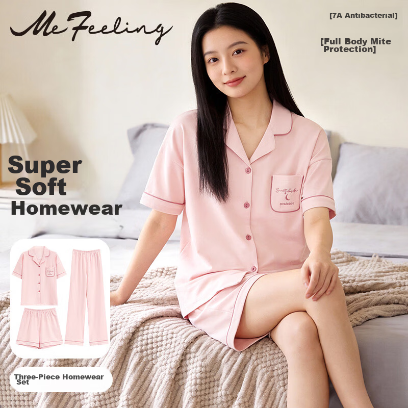 Me feeling Women's Summer New 7A Antibacterial Anti-Mite 3-Piece Loose Breathable Pajama Set Suitable for Outdoor Wear