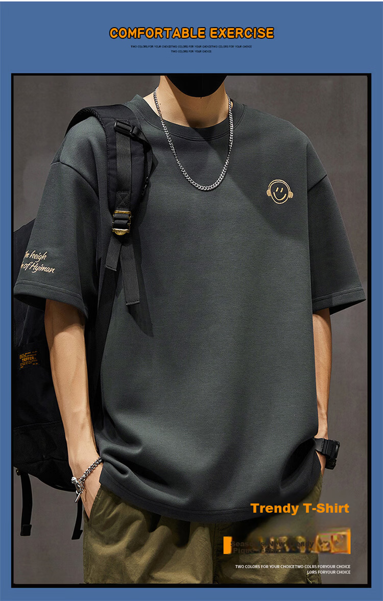Pierre Cardin Men's Short Sleeve T-Shirt Summer Trendy Smiley Embroidery Loose Fit Crew Neck Heavyweight Cotton Top Dark Gray M 1