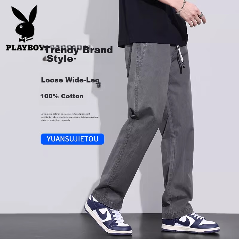 Playboy Pure Cotton Casual Pants Men Summer Thin Loose Straight Cargo Pants Trendy Brand Versatile New Sports Wide-Leg Trousers