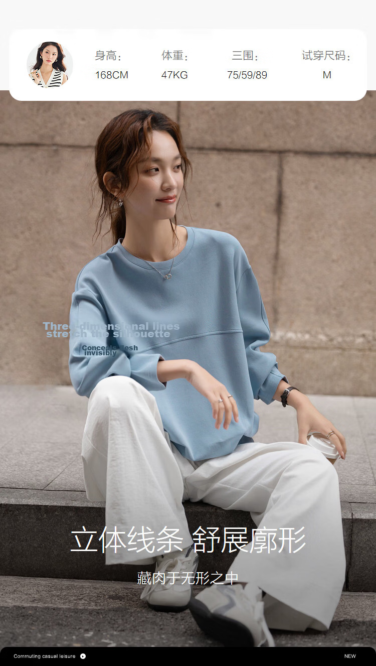 Demana Soft Air Layer Spring Elegant Crew Neck Design Segmented Pleated Wide Shoulder Petite Women's Sweatshirt 8