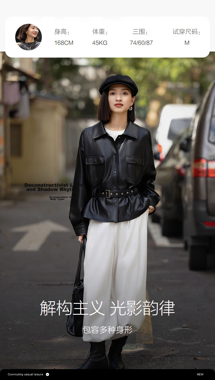 Demana Black Chocolate Bagel Spring Motorcycle Style Lapel Waist-Tied Glossy PU Large Pocket Women's Leather Jacket 10