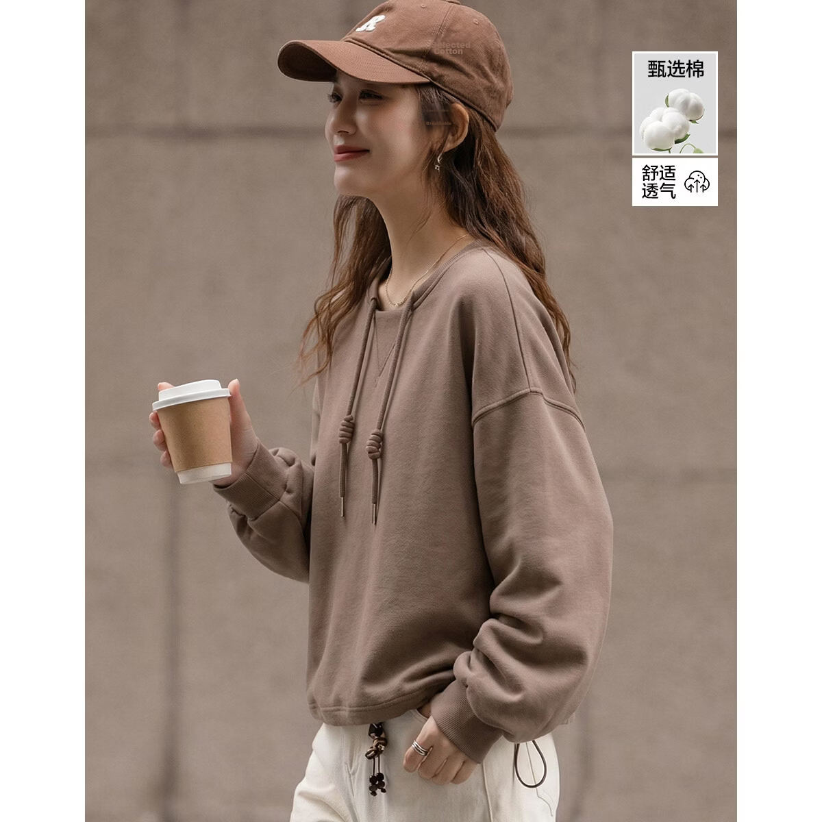 Demana [Cloud Oxygen Cotton Series] Spring Lightweight Youth Style Crewneck Hoodie with Drawstring Handmade Knot Drop Shoulder Slim Fit Women's Sweatshirt Premium Feel
