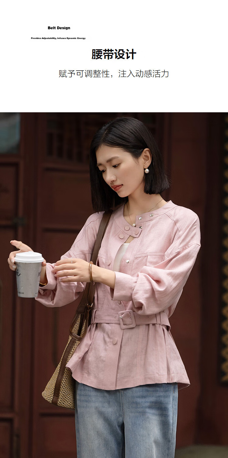 Demana [100% Linen] Spring Moray Series Stand Collar Flap Pocket Adjustable Belt Drop Shoulder Petite Women's Jacket 7