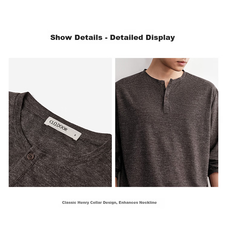 HAUT TON Fine Herringbone Texture Long Sleeve T-Shirt Men 2026 Spring Autumn New Base Layer Henley Collar Top 6002 9