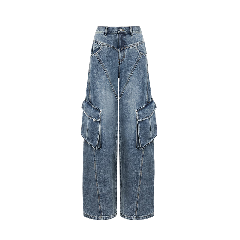 ANN ANDELMAN Star Style Four-Season Washed Vintage Diagonal Split Workwear Jeans Dark Blue 24