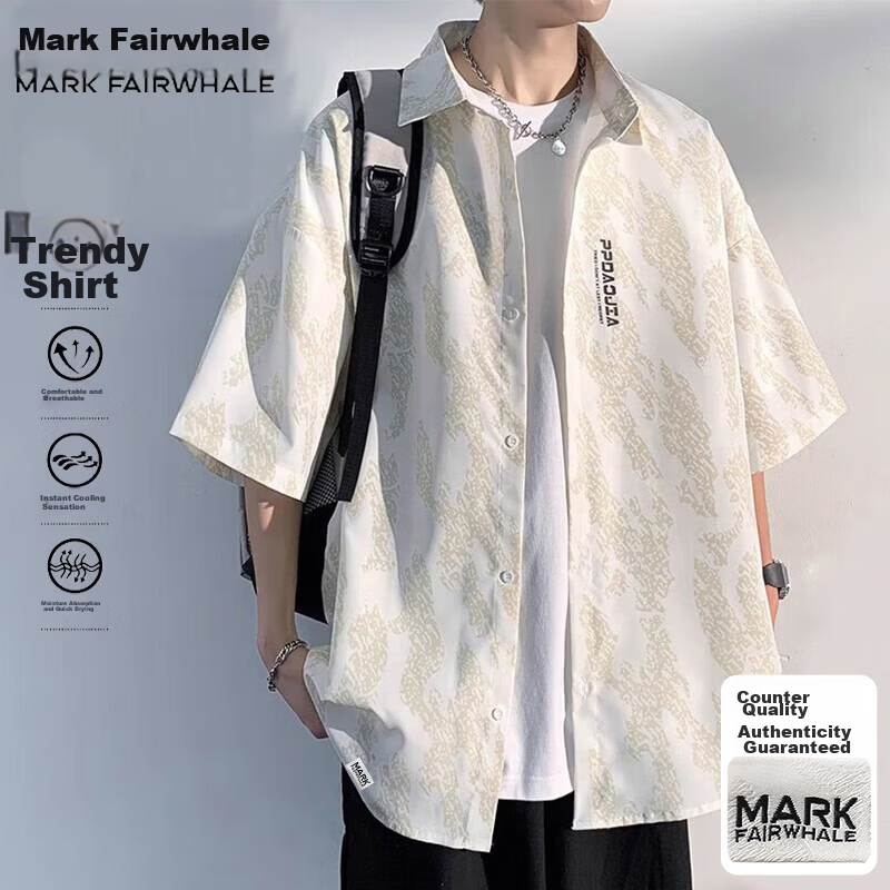 MARK FAIRWHALE Men's Short-Sleeve Shirt, Summer Collared Half-Sleeve Top, Loose Casual Wear Jacket, White, XL