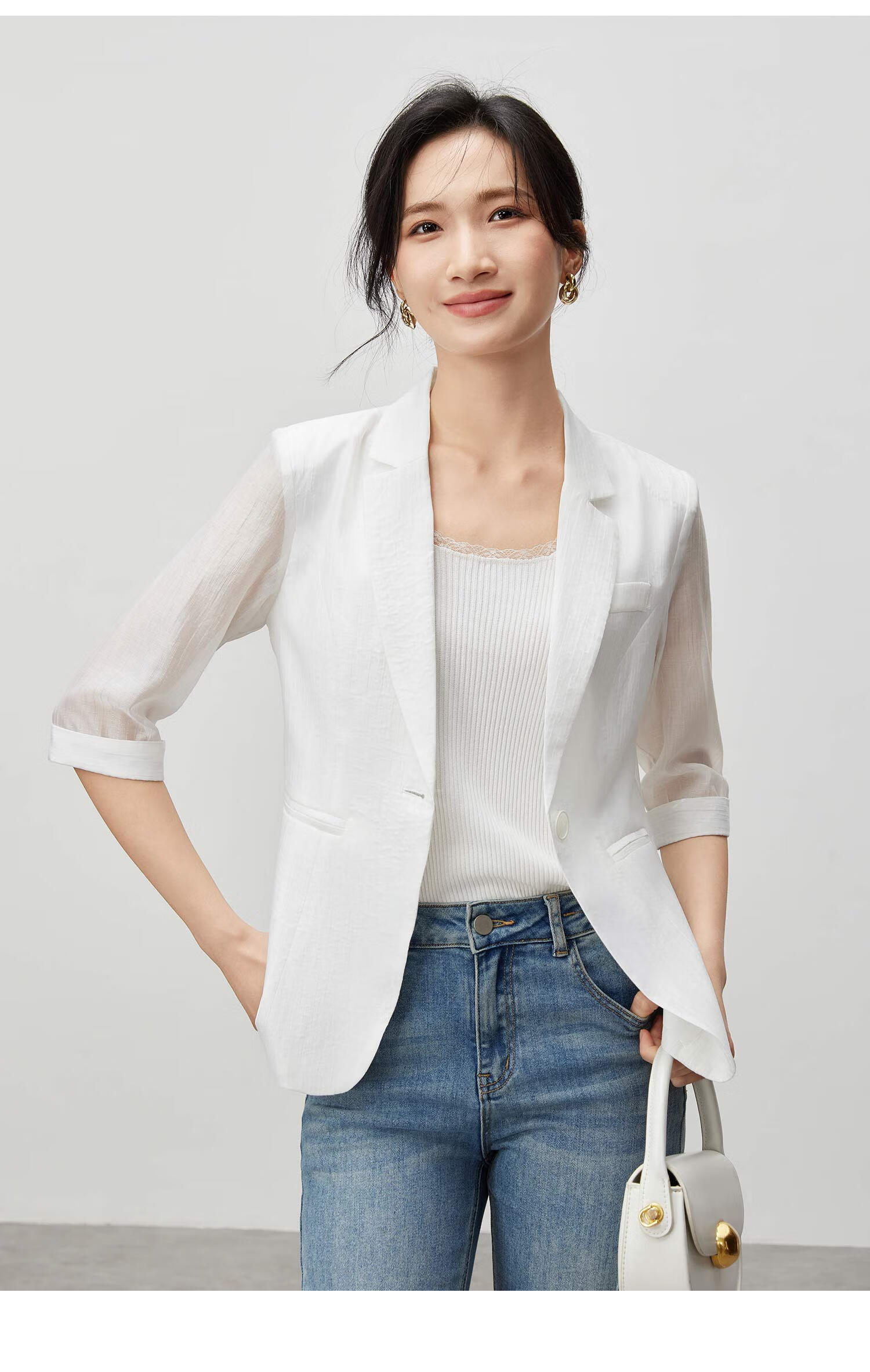 Fan Qin Yili Kuo Suit Jacket for Women, 2024 Elegant Five-Quarter Sleeve Commuter Professional Style, 442X73049, White, M 10
