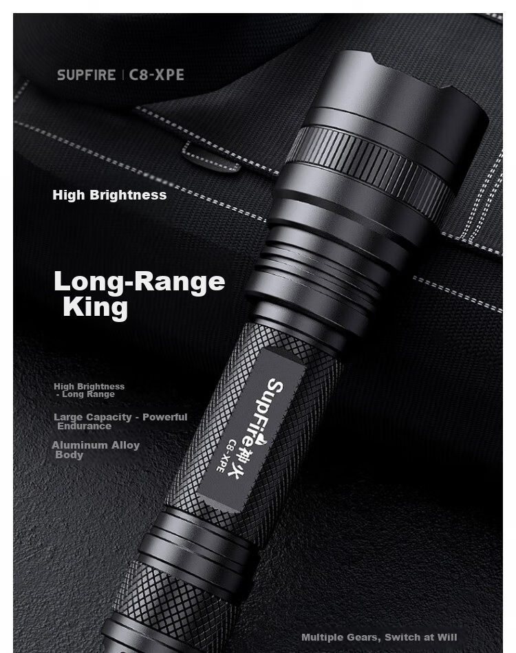 SupFire / Superfire C8 Series High-Power Flashlight; C8-XPE-5W 5W + 1500mAh Battery with Charging Dock + Tail Switch 1