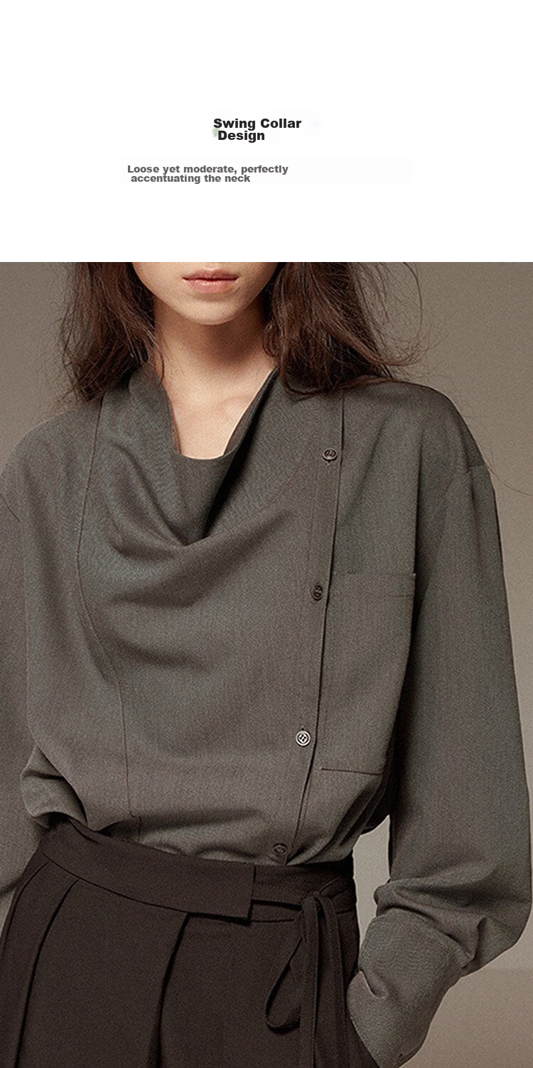 Demana French Art Spring Lazy Style Asymmetric Lapel Large Pocket Loose Slim Draped Shirt for Women Premium Feel 5